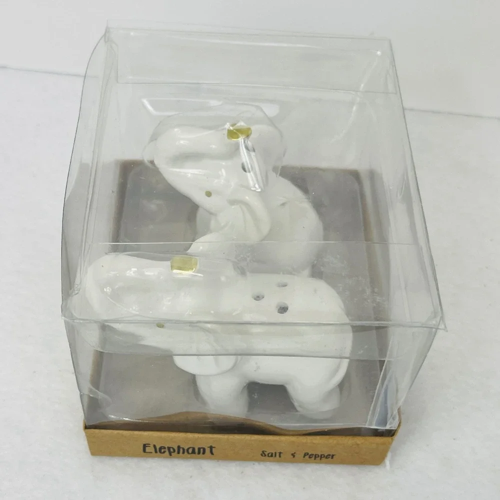 White Ceramic Elephant Salt and Pepper Shaker Set Gold Accents New in Box